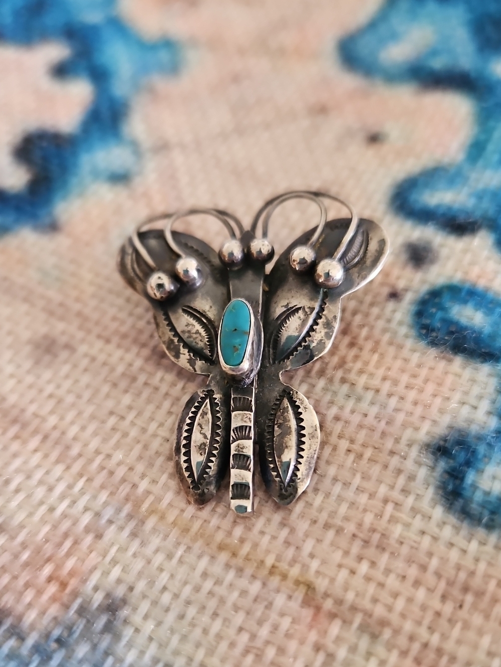 Vintage Sterling Silver & Turquoise Native American Butterfly Brooch